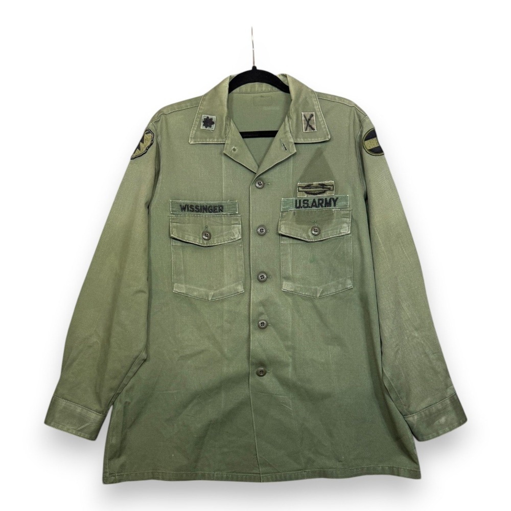 Vintage Military Shirt Jacket L Olive OG-107 Fatigue Shirt Patches Vietnam 60s